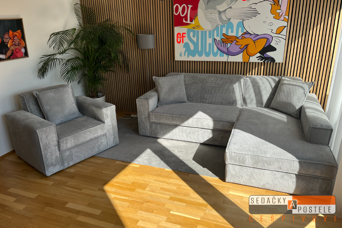 Sedací souprava s křeslem KLZ šedý manšestr s extrašvy na Prahu 9